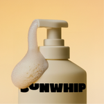Beige bottle with pump and 'SUNWHIP' branding on a beige background